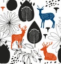 Seamless nature pattern with deers. Forest silhouette background. Vector texture.