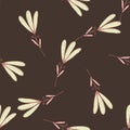 Seamless nature pattern with doodle flower contoured silhouettes. Brown background