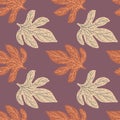 Seamless nature pattern with orange and light foliage shapes. Leaves print on pastel purple background Royalty Free Stock Photo