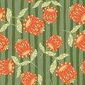 Seamless nature random pattern with bright orange folk flower bud shapes. Green striped background Royalty Free Stock Photo