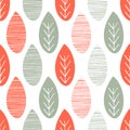 Seamless nature vector pattern. Orange and green leaves with lines and twigs on white background. Hand drawn autumn ornament