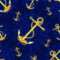 Seamless nautical background with anchor and wind compass on blue