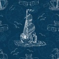 Seamless nautical background with old sailing ships, compass and gulls