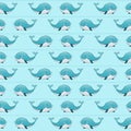 Seamless nautical marine pattern with whales in the ocean