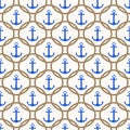 Seamless nautical pattern with blue anchors and rope background