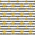 Seamless nautical pattern with glittering golden anchors and ship wheels on white black striped background.