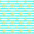 Seamless nautical pattern with golden anchors and ship wheels on white black striped background.