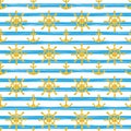 Seamless nautical pattern with golden anchors and ship wheels on white black striped background.