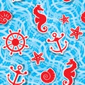 Seamless nautical pattern on light blue background