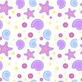 Seamless nautical pattern with starfish and seashells on a cartoon style white background Royalty Free Stock Photo