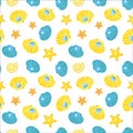 Seamless nautical pattern with starfish and seashells on a cartoon style white background Royalty Free Stock Photo