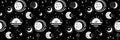 Seamless neo folk patterns with moon, cloud, sun and stars, black and white celestial design. Set Neo folk style endless