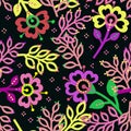 Seamless neon pattern with flowers and leaves on a black background