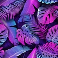 Seamless Neon Tropic Pattern, Vector Summer Holiday Monstera Palm Leaves Design, Tropical Disco Background Royalty Free Stock Photo
