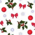 Seamless New Year and Christmas pattern. Pattern with holly, bows, Christmas balls and snowflakes