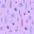 Seamless New Year and Merry Christmas pattern. Children`s drawing of trees in snow.