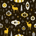 Seamless New Year pattern with golden deers, balls and snowflakes.Vector texture Royalty Free Stock Photo