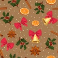 Seamless New Year pattern with holiday attributes. Pattern with bows, oranges and fragrant spices