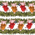 Seamless new year pattern. Piglets in sweaters with spruce Christmas garland. Symbol of the year 2019.