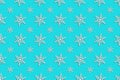 Seamless New Year`s and Christmas pattern with two types white snowflakes with shadow on blue background