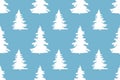 Seamless New Year`s and Christmas pattern from two types white Christmas tree spruce on blue background