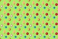 Seamless New Year`s pattern from Christmas tree toy in form of spruce tree made of cookies, red, white, golden balls, blue stars Royalty Free Stock Photo