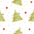 Seamless New Years pattern. Christmas tree with balls and garlands on a White background with stars. Vector illustration Royalty Free Stock Photo