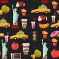 Seamless New york Set Vector pattern with flat icons Taxi, apple, donut, statue of Liberty New york Usa travel Royalty Free Stock Photo