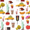 Seamless New york Set Vector pattern with flat icons Taxi, apple, donut, statue of Liberty New york Usa travel Royalty Free Stock Photo