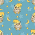 Seamless night pattern with cute owls, moon and stars