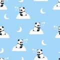 Seamless night pattern with cute panda bears on the clouds