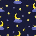 Seamless night pattern with watercolor moon, stars and clouds Royalty Free Stock Photo