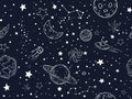 Seamless night sky stars pattern. Sketch moon, space planets and hand drawn star vector illustration. Outer space