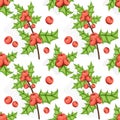 Seamless Noel pattern with holly berry. Tile Christmas background. Vector illustrated repeating texture. Holiday wrapping paper.