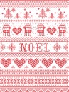 Seamless Noel Scandinavian fabric style, inspired by Norwegian Christmas, festive winter pattern in cross stitch with reindeer