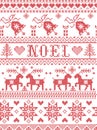 Seamless Noel Scandinavian fabric style, inspired by Norwegian Christmas, festive winter pattern in cross stitch with reindeers