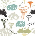 Seamless nordic floral pattern with chanterelle mushrooms, reindeer moss, gray lichens, needles. Nature drawn background