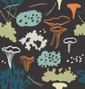 Seamless Nordic Floral Pattern With Chanterelle Mushrooms, Reindeer Moss, Gray Lichens, Needles. Nature Image On Dark Background.