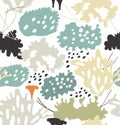 Seamless nordic floral pattern with reindeer moss, gray lichens, needles. Nature drawn background.