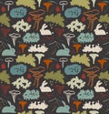 Seamless Nordic Natural Pattern With Chanterelle Mushrooms, Reindeer Moss, Gray Lichens, Needles. Floral Background Texture.