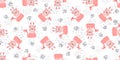 Seamless nursery cat pattern with cute colorful Kittens. Creative childish white and pink texture