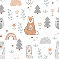 Seamless nursery pattern with forest animals. Kids cute print in boho or Scandinavian style. Vector hand drawn