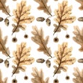 Seamless oak leaves pattern. Watercolor background with fall leaf and acorns on branch for autumn textile, wallpapers Royalty Free Stock Photo