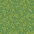 Seamless olive green vector pattern with doodles of yellow sliced lemons and leaves