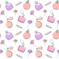 Seamless one line perfume pattern with floral elements. Vector illustration Royalty Free Stock Photo