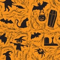 Seamless orange Halloween background witch bat spider grave coffin zombie. Vector image