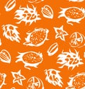 Seamless orange pattern with pttahaya tropical fruit silhouettes painted in gouache