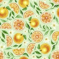 Seamless bright orange pattern with slices of citrus and bit of flowers Royalty Free Stock Photo