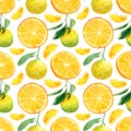 Seamless oranges pattern. Watercolor background with sweet juice orange fruits and slices for summer textile, kitchen decor, Royalty Free Stock Photo