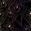 Seamless orchid flowers cattleya sketched pattern black